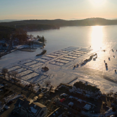 New England Pond Hockey Classic arial view of pond hockey rinks.